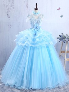 Discount V Neck Applique and Ruffled Prom Gown in Light Blue