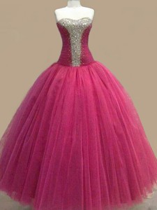 Elegant Beaded Sweetheart Fuchsia Prom Gown in Tulle