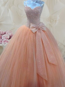 Cheap Spaghetti Straps Beaded and Bowknot Prom Gown in Peach