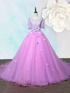Lovely Scoop Applique Lilac Prom Gown with Court Train
