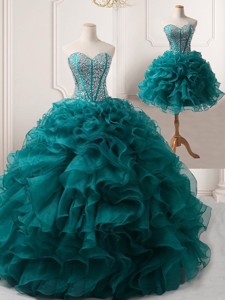 Pretty Puffy Skirt Teal Detachable Prom Gown with Beading and Ruffles