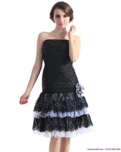 Black Short Prom Dress With Ruching And Hand Made Flower