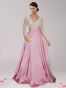 Sexy Deep V Neckline Long Sleeves Prom Dress with Beading and Belt
