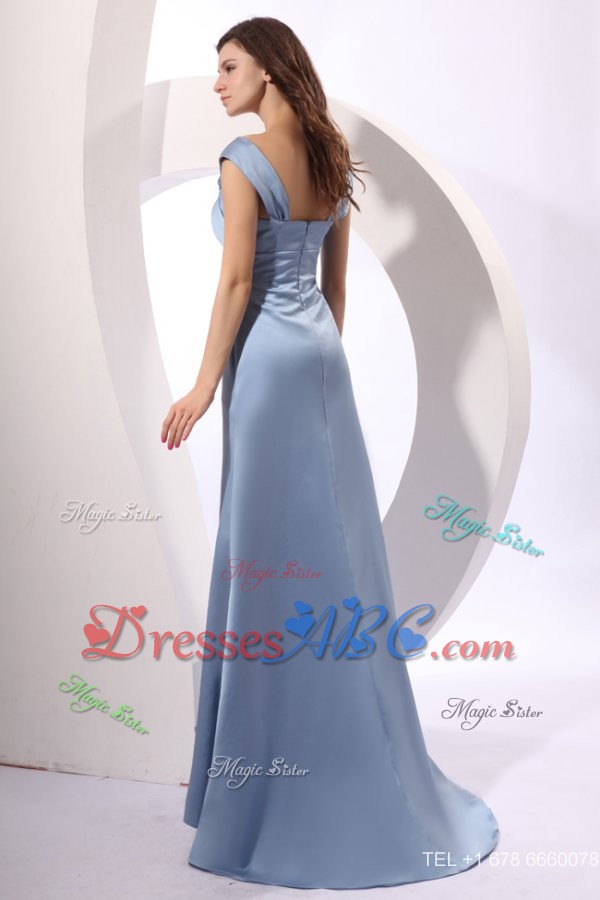 Column Light Blue Cap Sleeveless Ruching Prom Dress with Brush Train