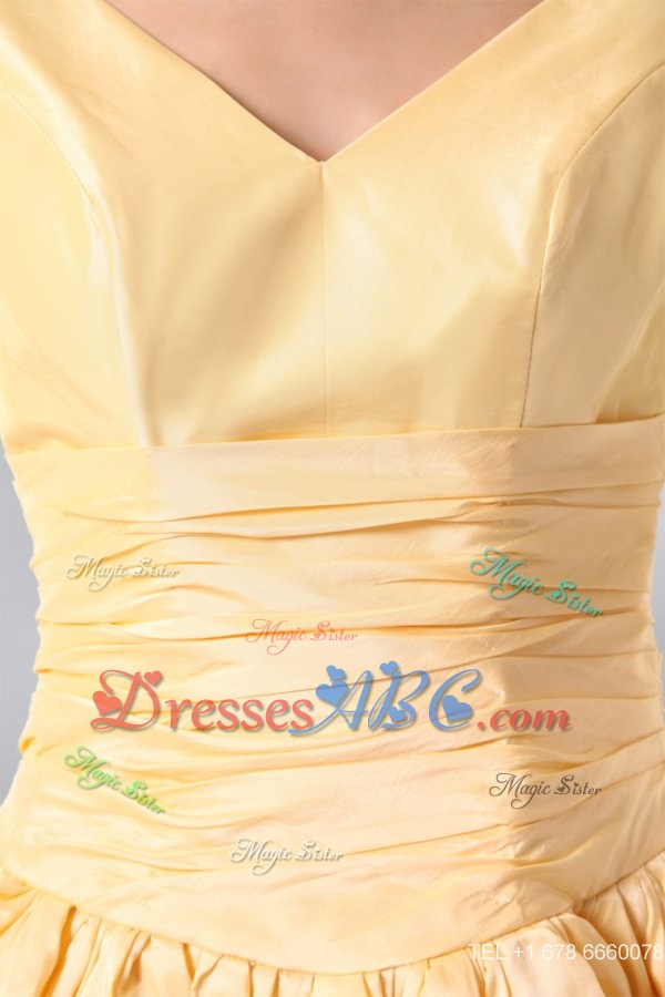 Light Yellow V-neck Knee-length Ruching Prom Dress