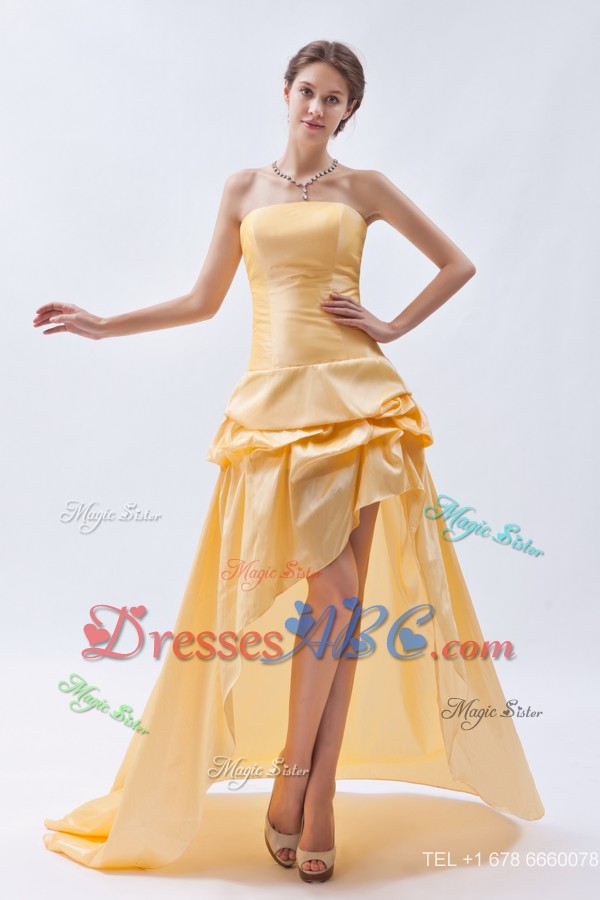 Champagne Column / Sheath Strapless High-low Prom Dress Taffeta Pick-ups