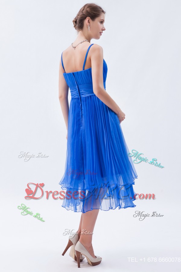 Blue Empire Straps Prom Dress Organza Ruch Tea-length