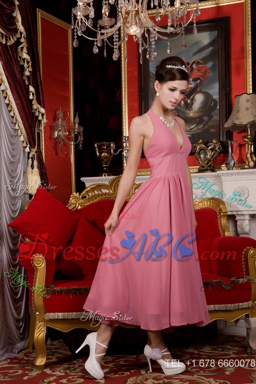 Light Pink Pricess Halter Tea-length Chiffon Beading Prom Homecoming Dress