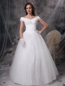 Beautiful Off The Shoulder Floor-length Appliques Satin And Tulle Wedding Dress