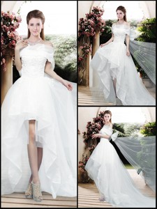 Pretty Appliques And Bowknot High Low Wedding Dress With Cap Sleeves