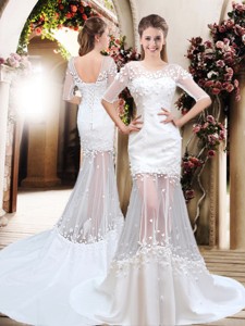 Exquisite Column Scoop Brush Train Appliques Wedding Dress With Half Sleeves