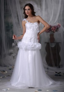Beautiful One Shoulder Brush Train Taffeta And Tulle Hand Made Flowers Wedding Dress