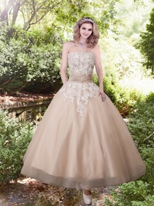 Sweet Strapless Ankle-length Wedding Dress With Appliques