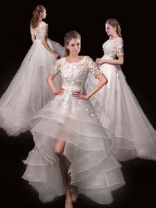 Latest Appliques High Low Wedding Dress With Short Sleeves