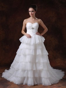 Layer Sweetheart Chapel Train White Hall Wedding Dress With Beading