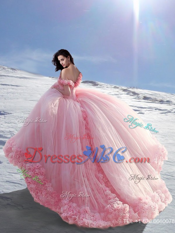 Beautiful Off The Shoulder Cap Sleeves Tulle Quinceanera Dress With Hand Made Flowers