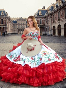Luxurious White And Red Quinceanera Dress With Ruffled Layers And Embroidery