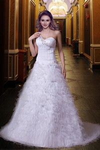 Cheap One Shoulder Brush Train Appliques Wedding Dress with Lace Up 