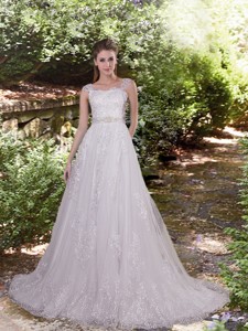 Luxurious A Line Square Court Train Lace Wedding Dress