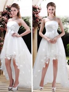 Beautiful Strapless High Low Wedding Dress With Appliques And Belt