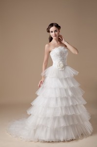 Beautiful Strapless Brush Train Taffeta And Organza Hand Made Flower And Appliques Wedding Dr