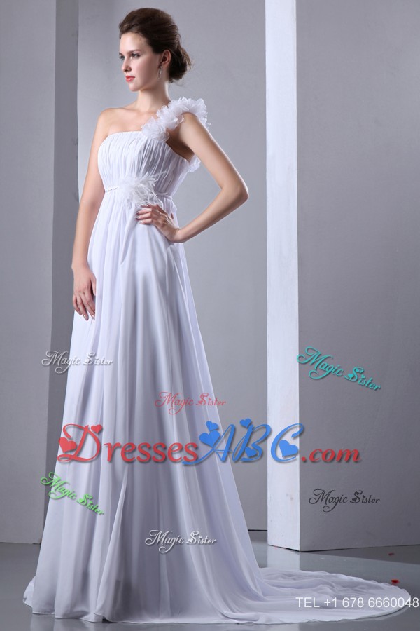 Simple One Shoulder Court Train Chiffon Ruch Wedding Dress