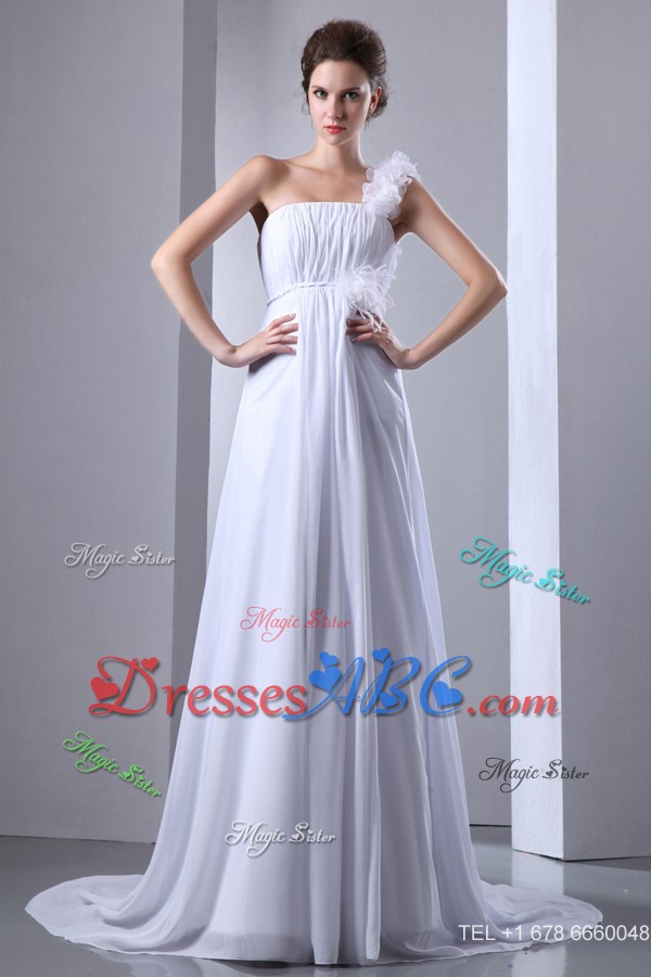 Simple One Shoulder Court Train Chiffon Ruch Wedding Dress