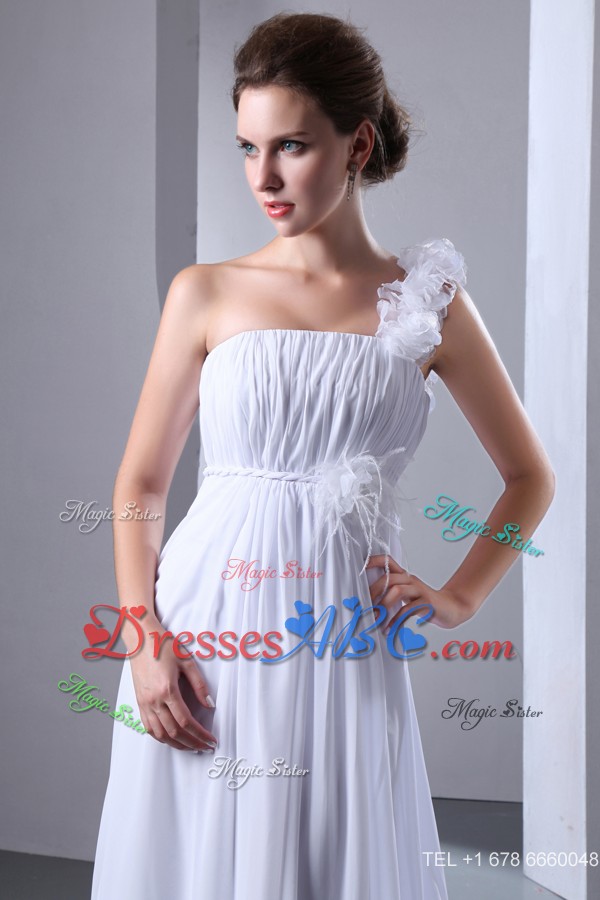 Simple One Shoulder Court Train Chiffon Ruch Wedding Dress