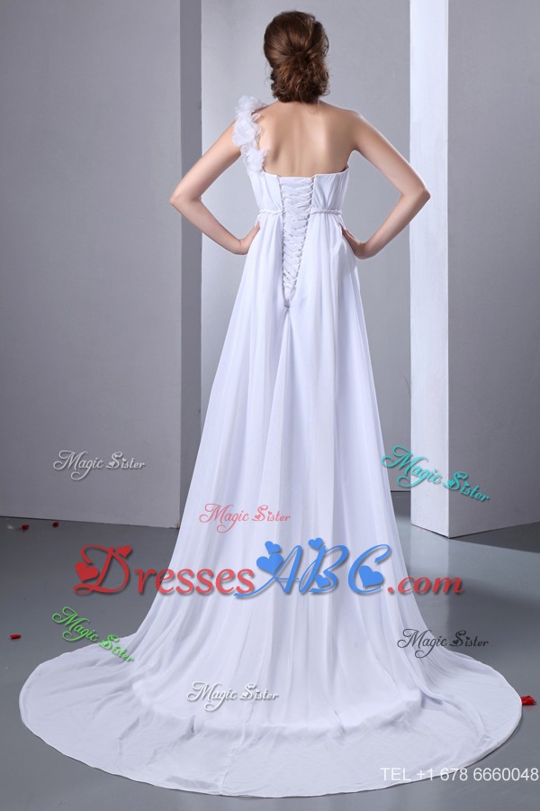 Simple One Shoulder Court Train Chiffon Ruch Wedding Dress