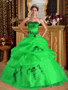 Green Ball Gown Sweetheart Floor-length Satin and Organza Embroidery Quinceanera Dress