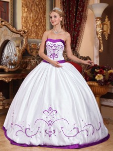 White and Purple Strapless Floor-length Satin Embroidery Quinceanera Dress