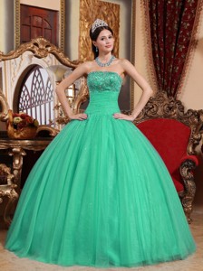 Turquoise Ball Gown Strapless Floor-length Tulle Embroidery with Beading Quinceanera Dress