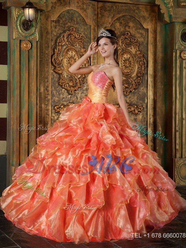 Orange Ball Gown Strapless Floor-length Beading and Ruffles Quinceanera Dress
