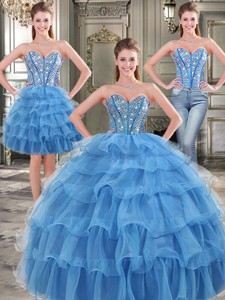 Popular Big Puffy Blue Detachable Tulle Quinceanera Dress With Beading And Ruffled Layers