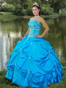 Strapless Satin Embroidery Quinceanera Dress In Aqua Blue