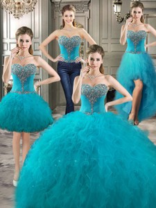 Classical Big Puffy Teal Detachable Quinceanera Dress With Beading And Ruffles