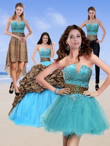 Unique Leopard Print Baby Blue Quinceanera Dress With Brush Train And Beading