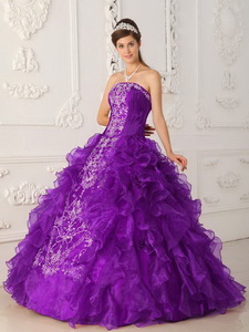 Purple Ball Gown Strapless Floor-length Satin and Organza Embroidery Quinceanera Dress