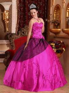 Fuchsia Ball Gown Sweetheart Floor-length Satin Embroidery with Beading Quinceanera Dress