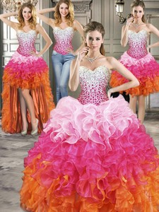 Inexpensive Rainbow Organza Detachable Quinceanera Dress With Beading And Ruffles
