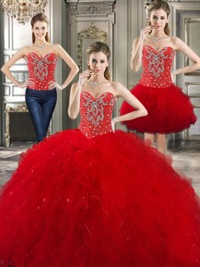 Fashionable Beaded And Ruffled Detachable Quinceanera Dress In Red