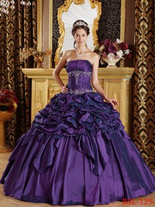 Eggplant Purple Ball Gown Strapless Floor-length Pick-ups Taffeta Quinceanera Dress