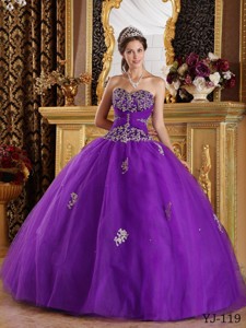 Eggplant Purple Ball Gown Sweetheart Floor-length Appliques Tulle Quinceanera Dress