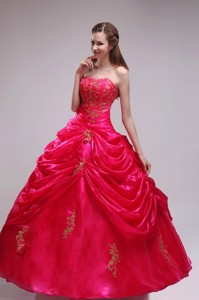 Red Ball Gown Strapless Floor-length Orangza Applqiues Quinceanera Dress