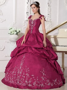 Red Ball Gown Straps Floor-length Taffeta Embroidery Quinceanera Dress