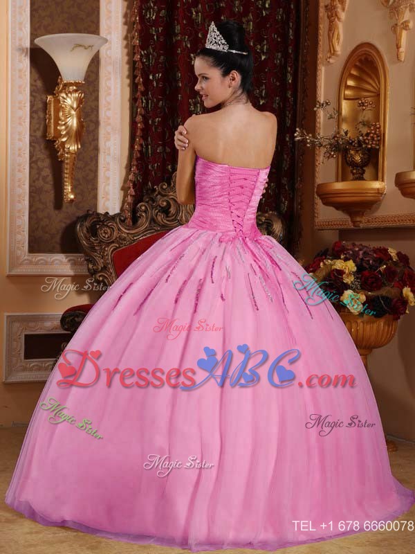Rose Pink Ball Gown Sweetheart Floor-length Tulle Beading Quinceanera Dress