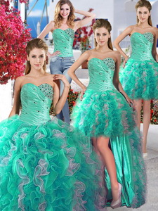Cheap Turquoise And White Detachable Quinceanera Dress With Beading And Ruffles