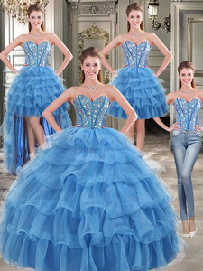 Modest Beaded And Ruffled Layers Detachable Quinceanera Dress In Blue
