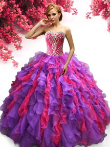 Latest Beaded and Ruffled Quinceanera Dress in Purple and Hot Pink