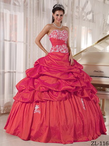 Red Ball Gown Sweetheart Floor-length Taffeta Appliques and Ruch Quinceanera Dress